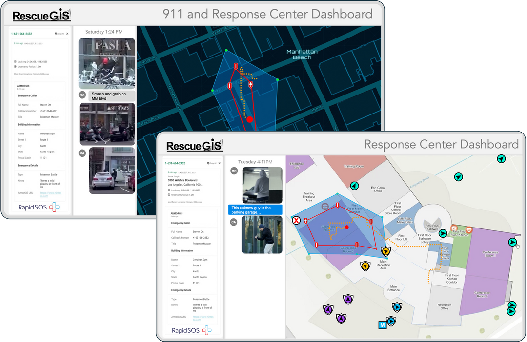 RescueGIS Dashboard displaying 911 and response center functionalities with maps and data.