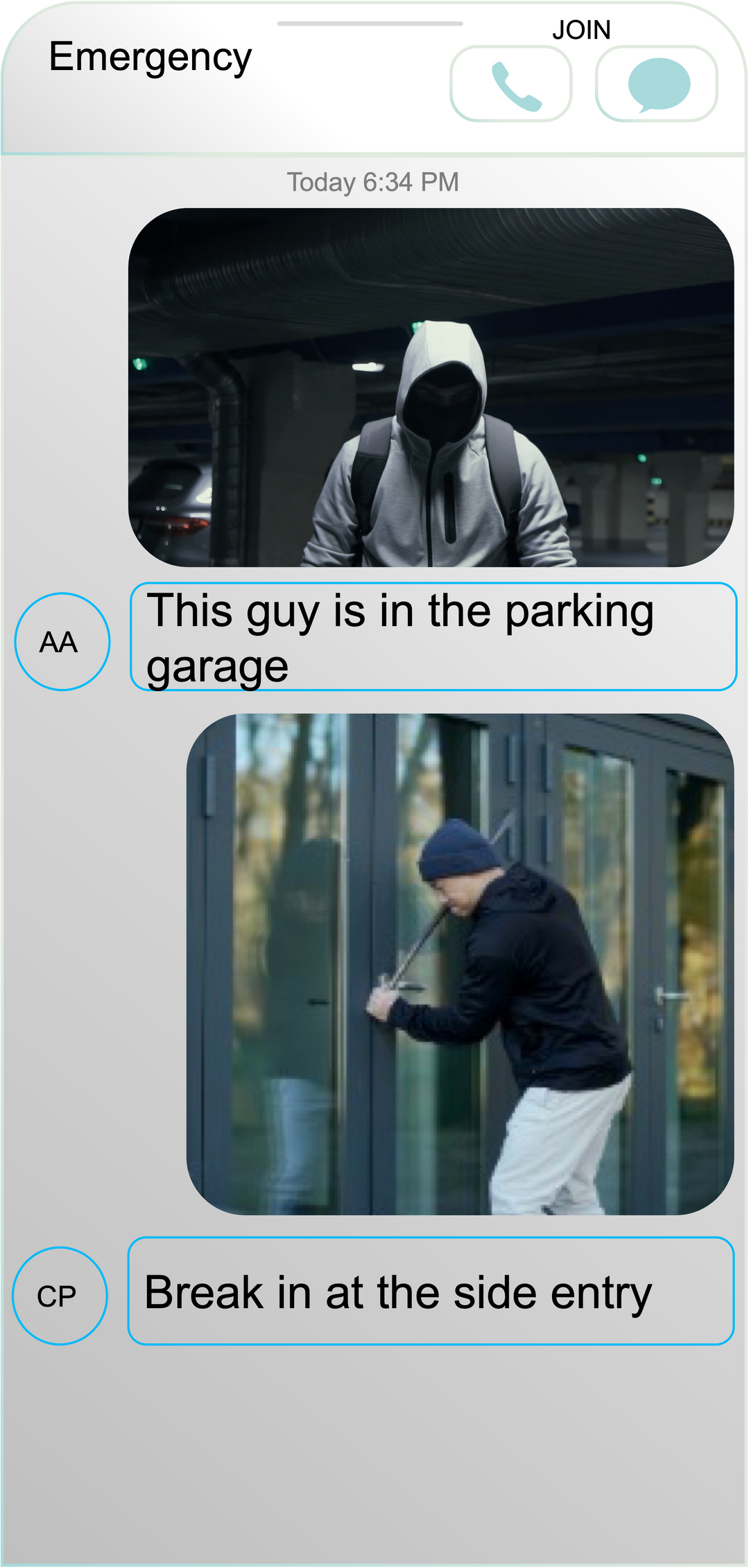 Text message conversation with images of a person in a hoodie and another person with a weapon, set against a neutral background.