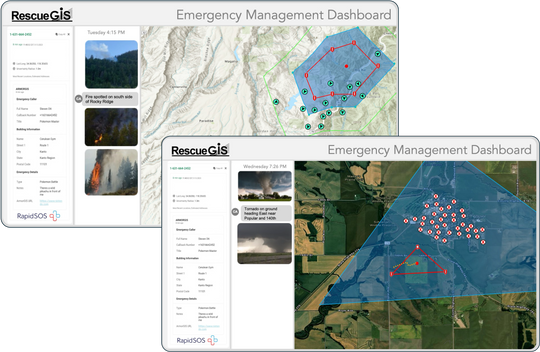 RescueGIS Emergency management dashboard with maps and data visualizations.