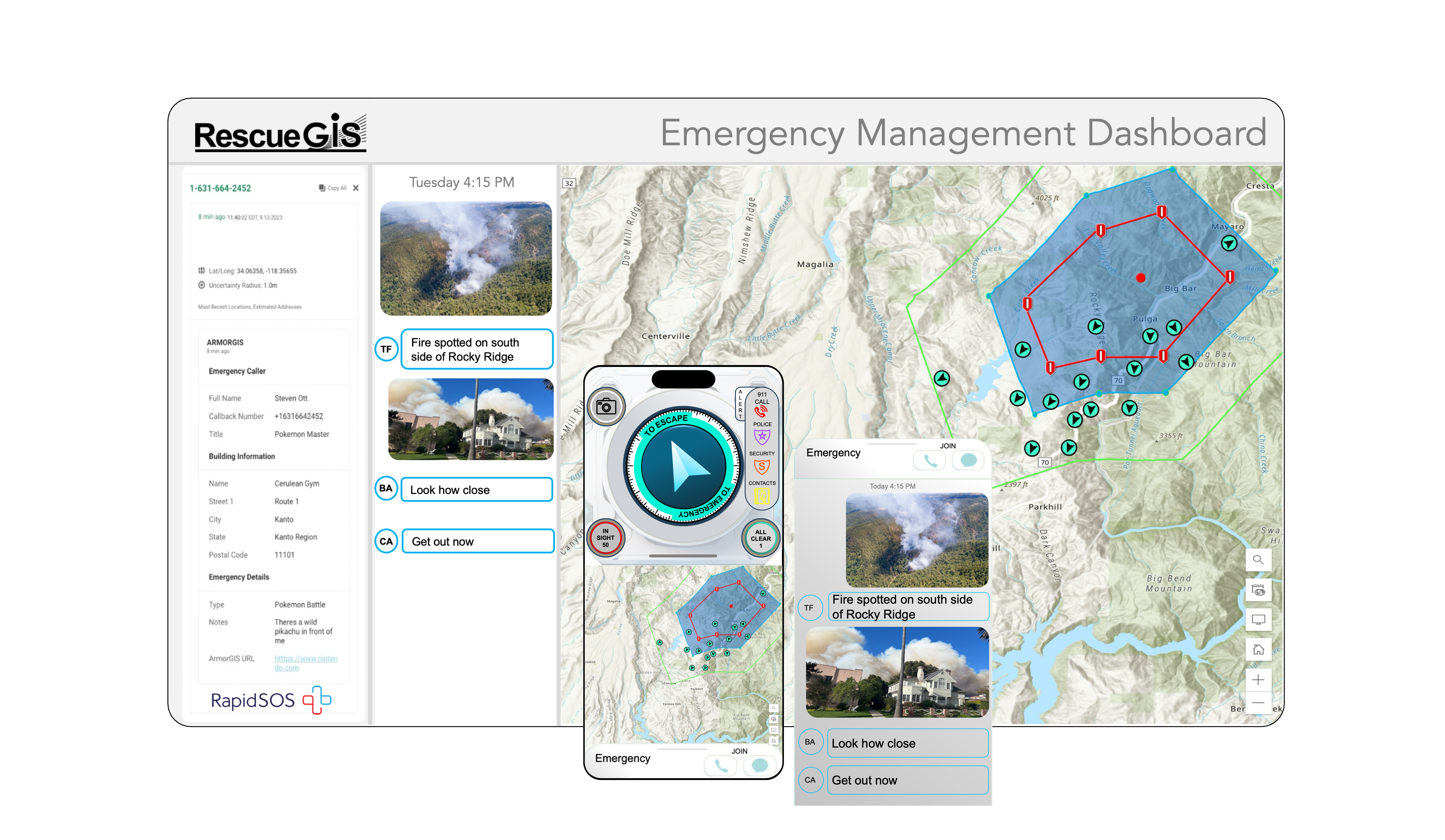 Emergency Management Dashboard with map and smartphone interface on a white background showing two app versions